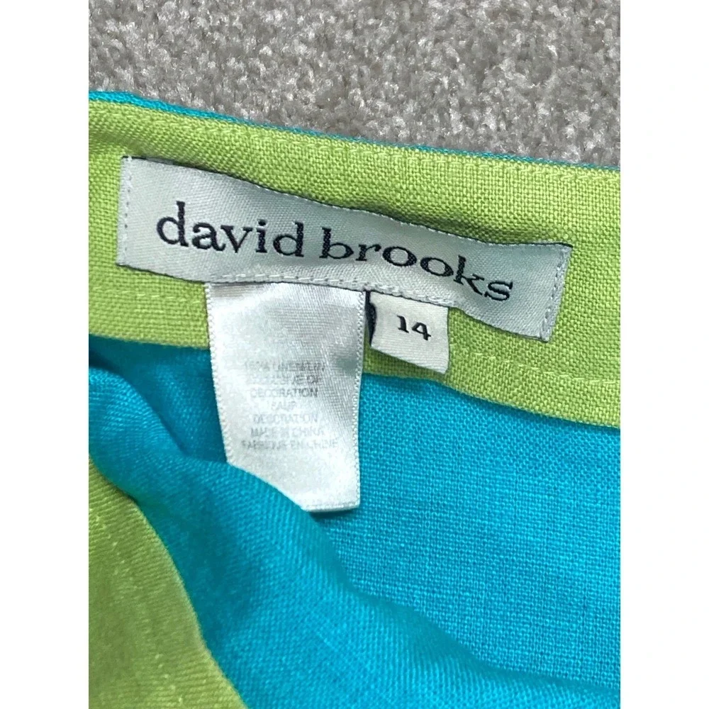 David Brooks VTG Linen Embroidered Midi Skirt Womens 14 Blue Summer Coastal Chic